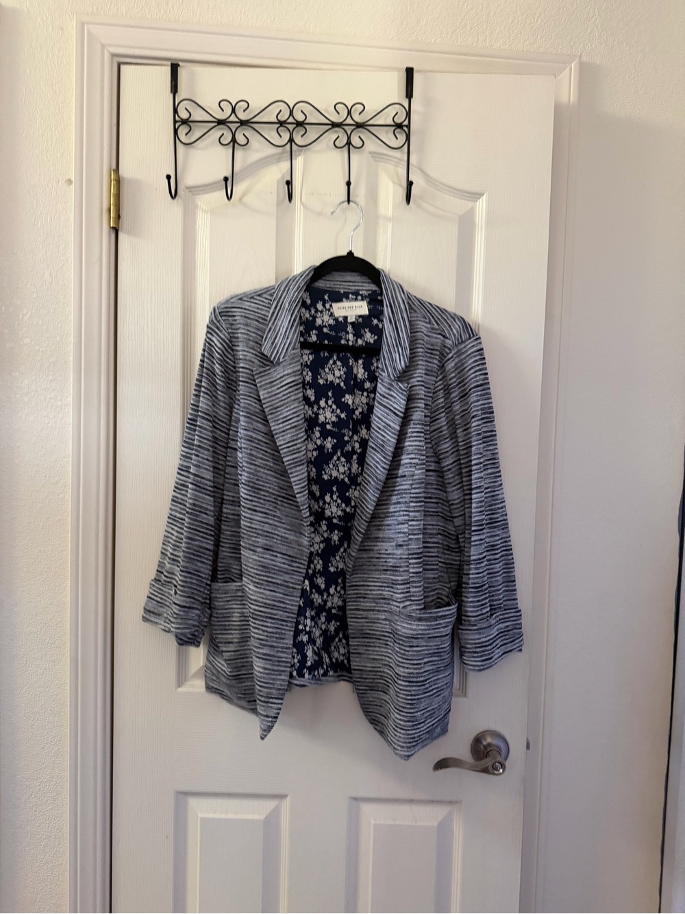 Skies Are Blue Navy and White Striped Open-Front Blazer
